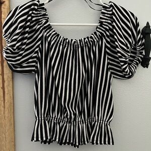 H&M Black and White Puff Sleeve Smocked Blouse